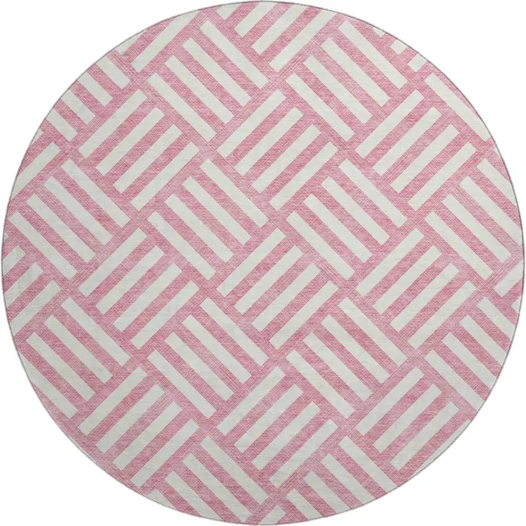 8' Pink And Ivory Geometric Washable Round Rug With UV Protection