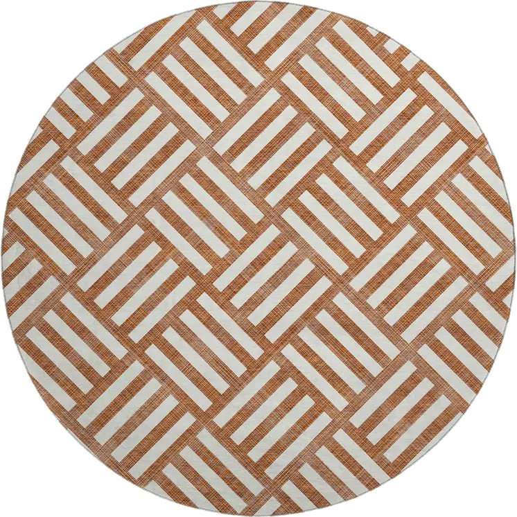 8' Chili Red And Ivory Geometric Washable Round Rug With UV Protection