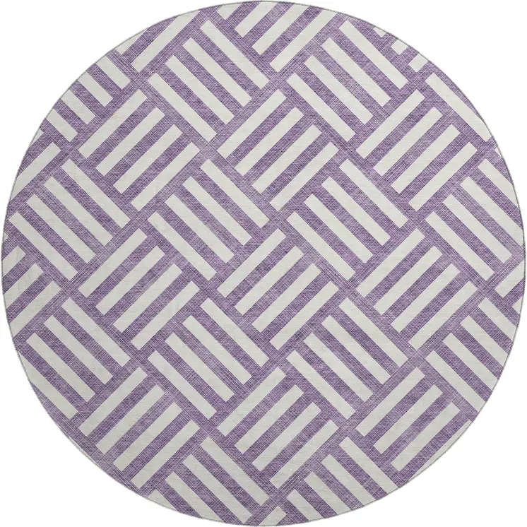 8' Purple And Ivory Geometric Washable Round Rug With UV Protection