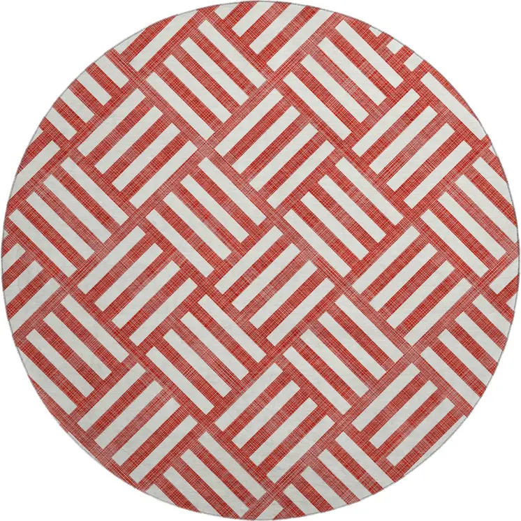 8' Red And Ivory Geometric Washable Round Rug With UV Protection
