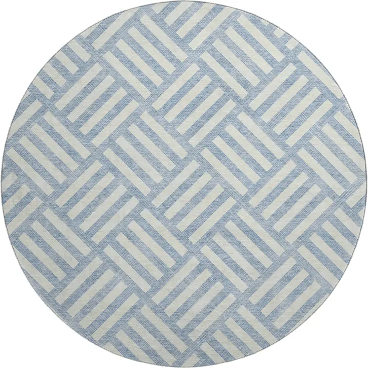 8' Sky Blue And Ivory Geometric Washable Round Rug With UV Protection