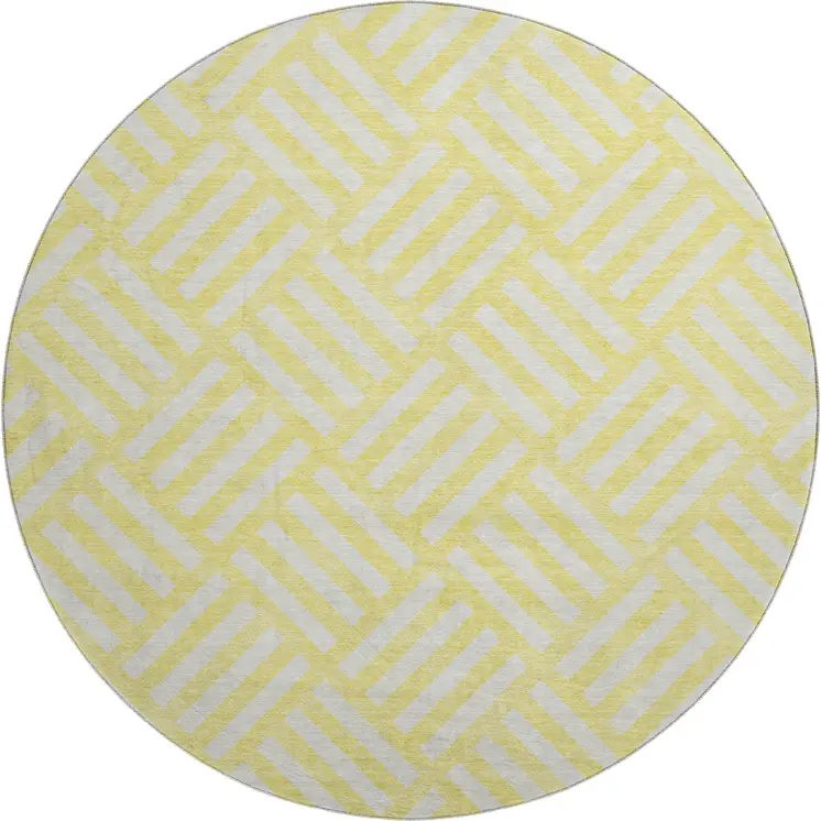 8' Yellow And Ivory Geometric Washable Round Rug With UV Protection