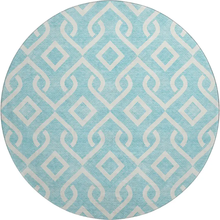 8' Aqua And Ivory Geometric Washable Round Rug With UV Protection
