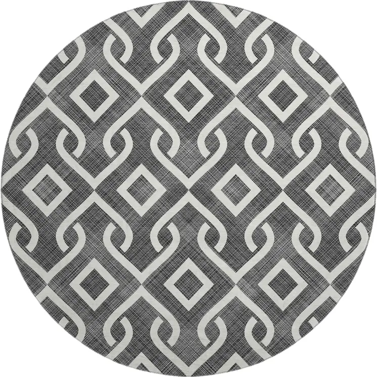 8' Black And Ivory Geometric Washable Round Rug With UV Protection