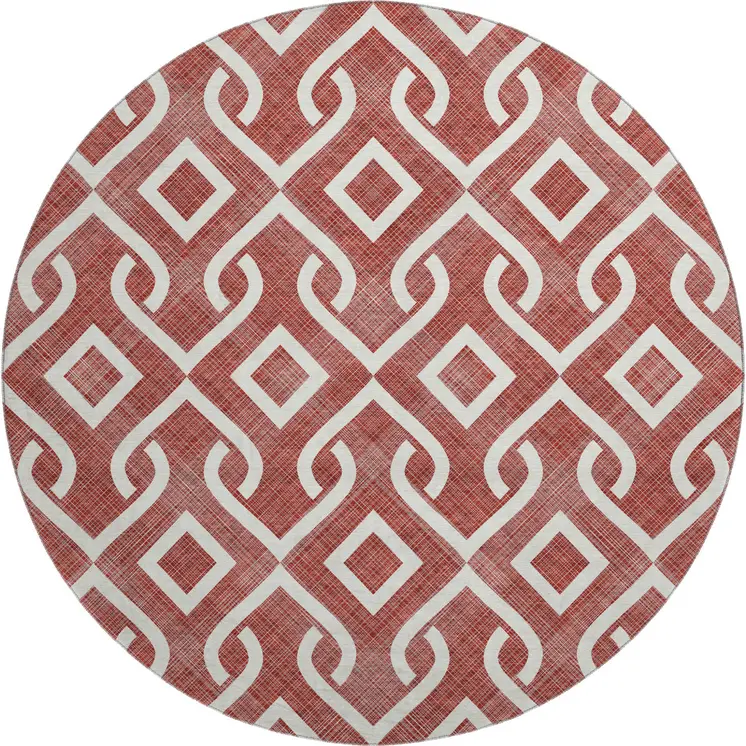 8' Burgundy And Ivory Geometric Washable Round Rug With UV Protection