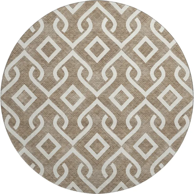8' Brown And Ivory Geometric Washable Round Rug With UV Protection