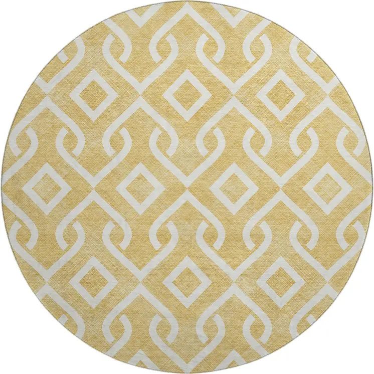 8' Gold And Ivory Geometric Washable Round Rug With UV Protection