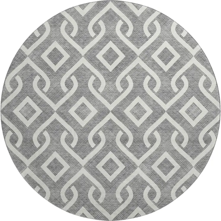 8' Gray And Ivory Geometric Washable Round Rug With UV Protection