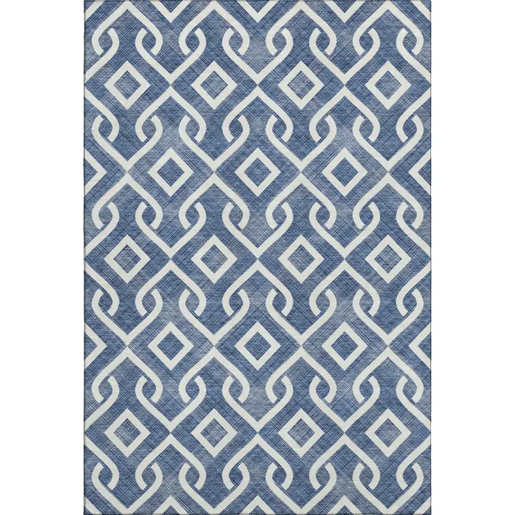 8' X 10' Navy Blue And Ivory Geometric Washable Area Rug With UV Protection