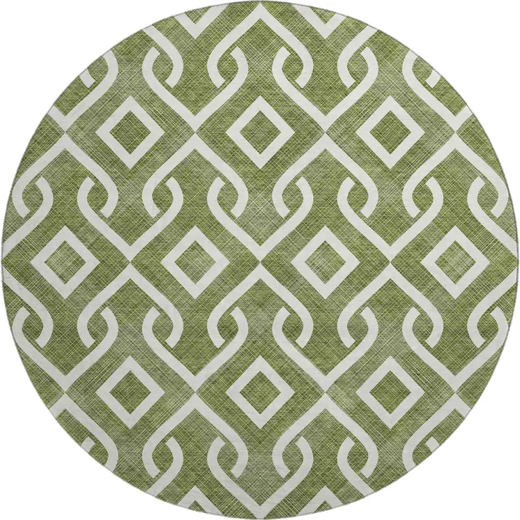 8' Olive Green And Ivory Geometric Washable Round Rug With UV Protection