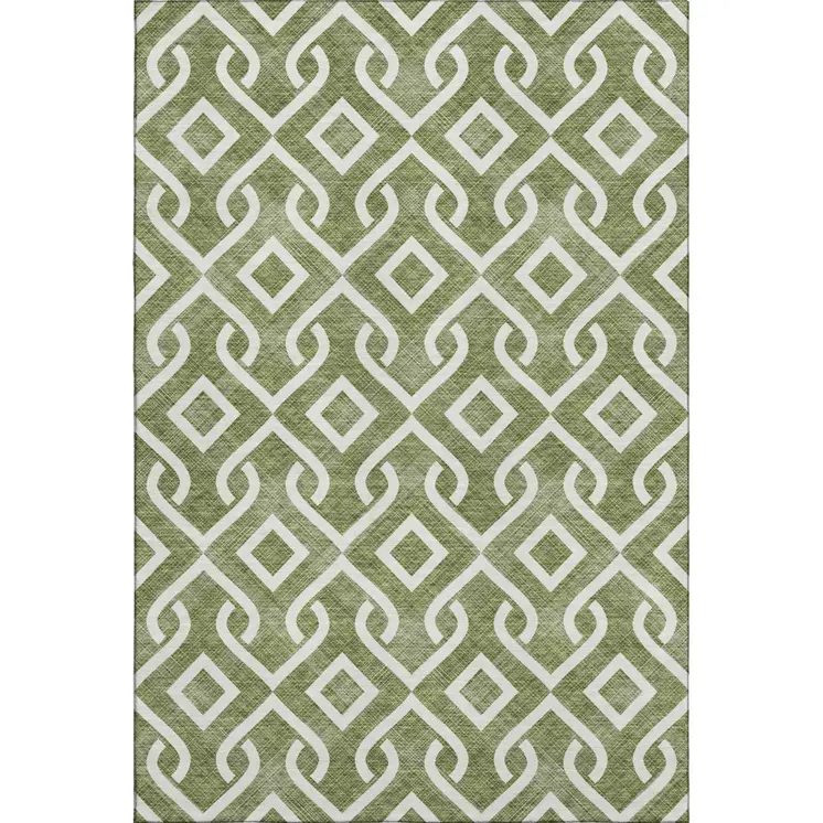 10' X 14' Olive Green And Ivory Geometric Washable Area Rug With UV Protection