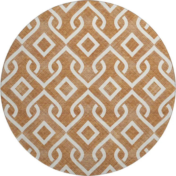 8' Chili Red And Ivory Geometric Washable Round Rug With UV Protection