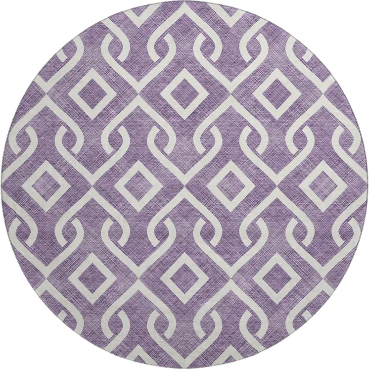 8' Purple And Ivory Geometric Washable Round Rug With UV Protection