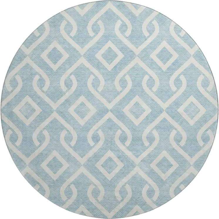 8' Sky Blue And Ivory Geometric Washable Round Rug With UV Protection