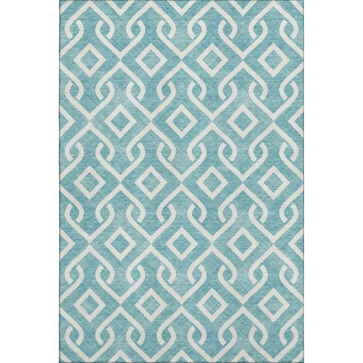 3' X 5' Teal And Ivory Geometric Washable Area Rug With UV Protection
