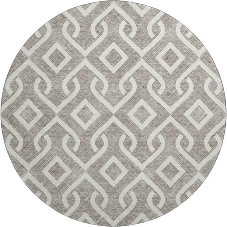 8' Taupe And Ivory Geometric Washable Round Rug With UV Protection
