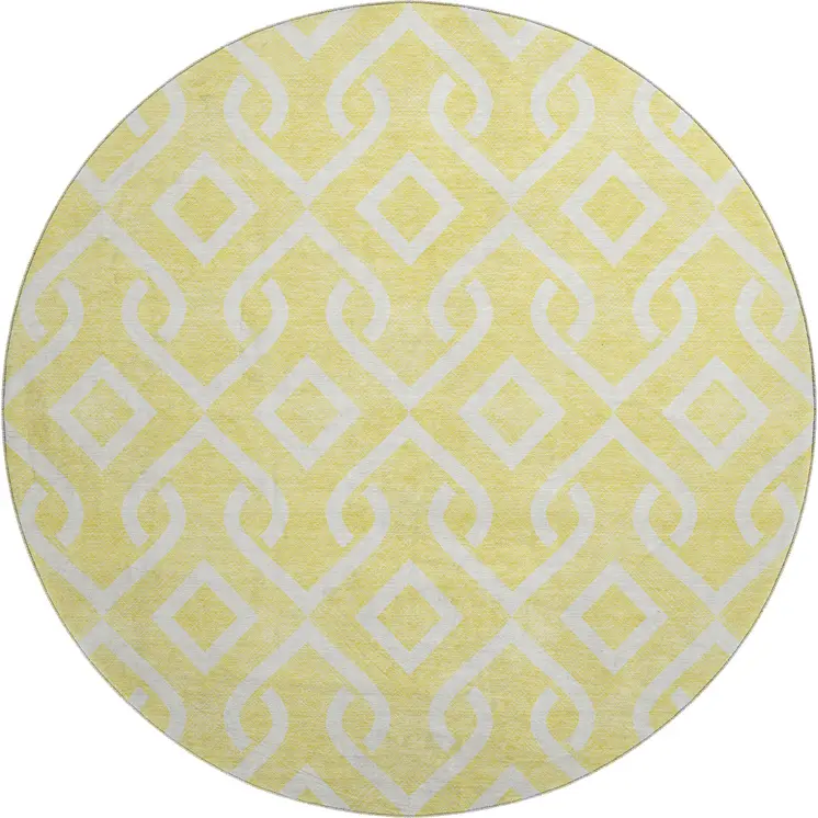 8' Yellow And Ivory Geometric Washable Round Rug With UV Protection