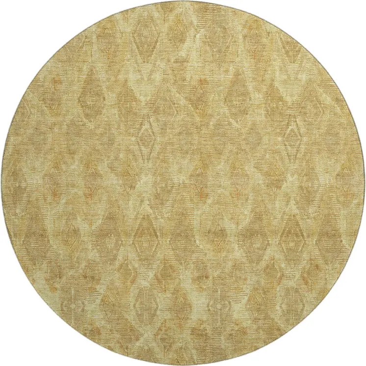 8' Gold And Beige Diamond Washable Round Rug With UV Protection