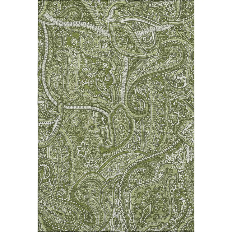 5' X 8' Green And Ivory Paisley Washable Area Rug With UV Protection