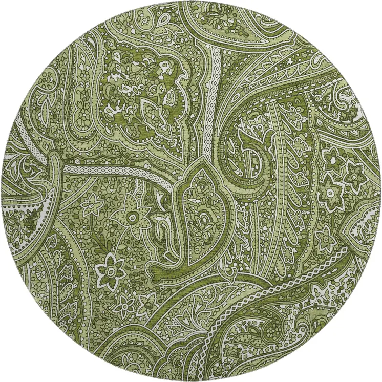 8' Green And Ivory Paisley Washable Round Rug With UV Protection