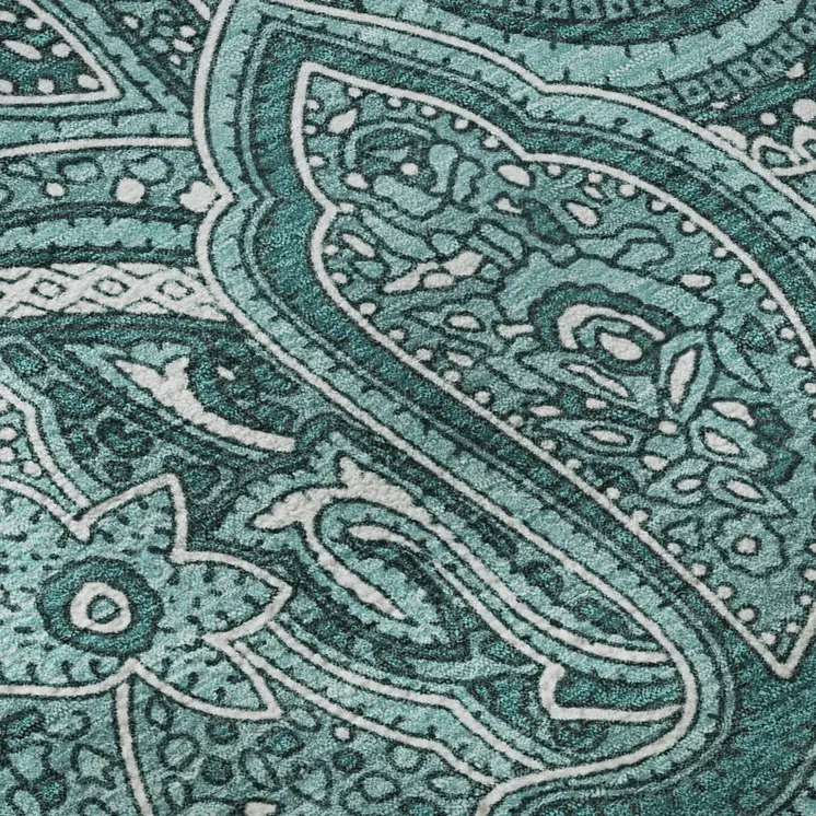 10' X 14' Teal And Ivory Paisley Washable Area Rug With UV Protection