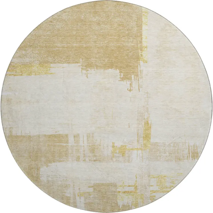 8' Beige Ivory And Gold Abstract Washable Round Rug With UV Protection