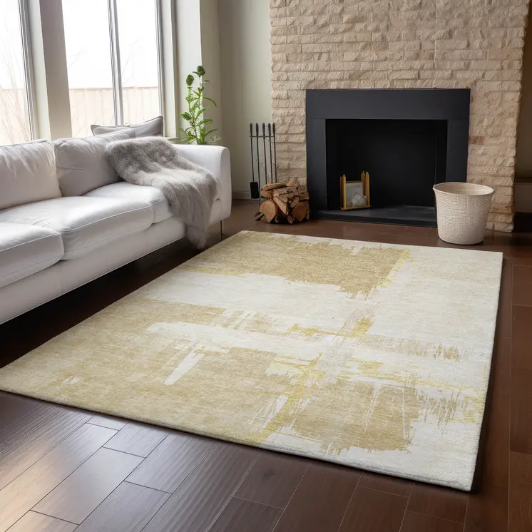 9' X 12' Beige Ivory And Gold Abstract Washable Area Rug With UV Protection