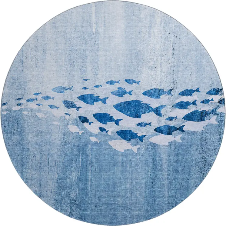 8' Blue And Ivory Nautical Washable Round Rug With UV Protection