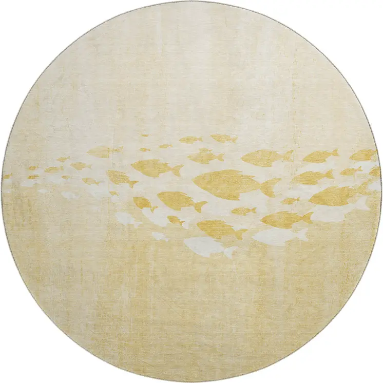 8' Gold And Ivory Nautical Washable Round Rug With UV Protection