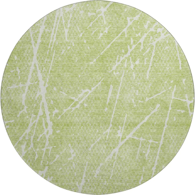 8' Artichoke Green And Ivory Abstract Washable Round Rug With UV Protection