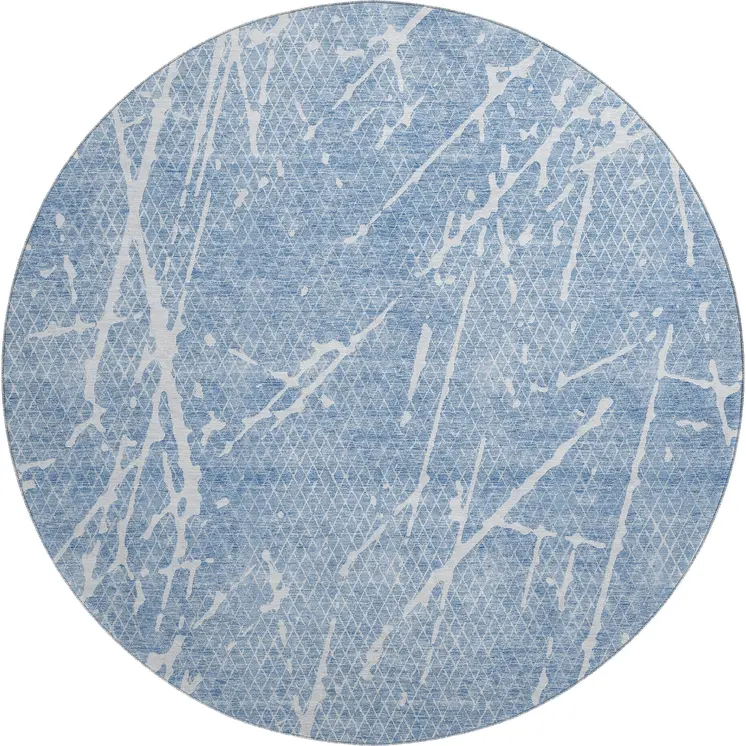 8' Blue And Ivory Abstract Washable Round Rug With UV Protection