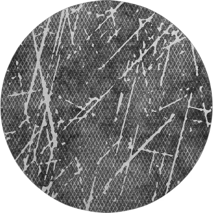 8' Charcoal And Ivory Abstract Washable Round Rug With UV Protection