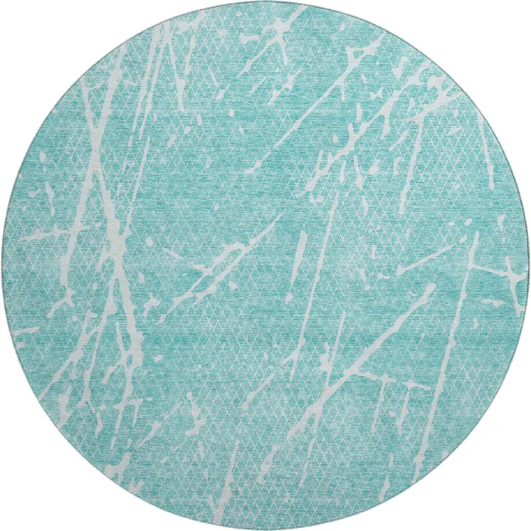8' Teal And Ivory Abstract Washable Round Rug With UV Protection