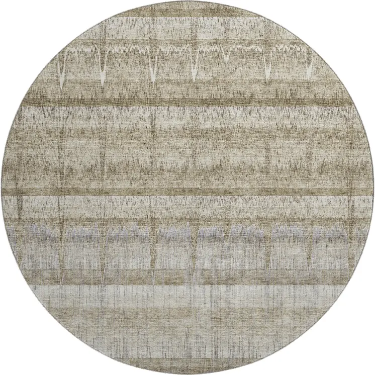 8' Taupe Gray And Beige Striped Washable Round Rug With UV Protection