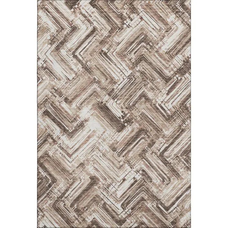 5' X 8' Brown And Ivory Chevron Washable Area Rug With UV Protection