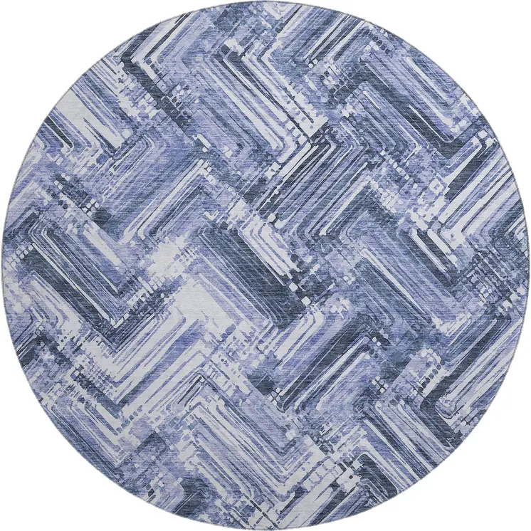 8' Blue And Ivory Chevron Washable Round Rug With UV Protection