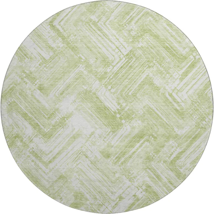 8' Green And Ivory Chevron Washable Round Rug With UV Protection