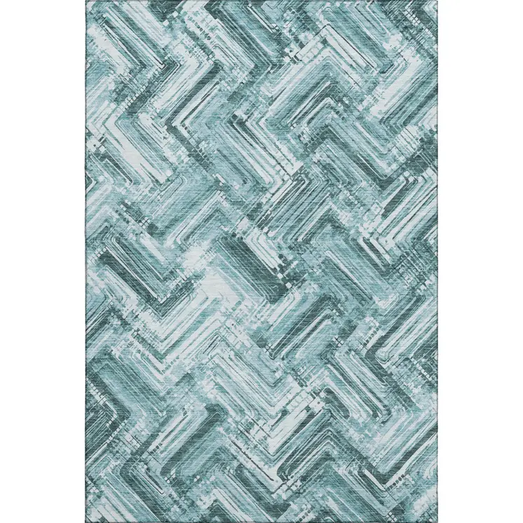8' X 10' Teal And Ivory Chevron Washable Area Rug With UV Protection