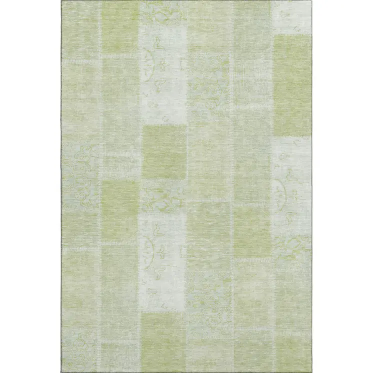 5' X 8' Artichoke Green And Ivory Patchwork Washable Area Rug With UV Protection