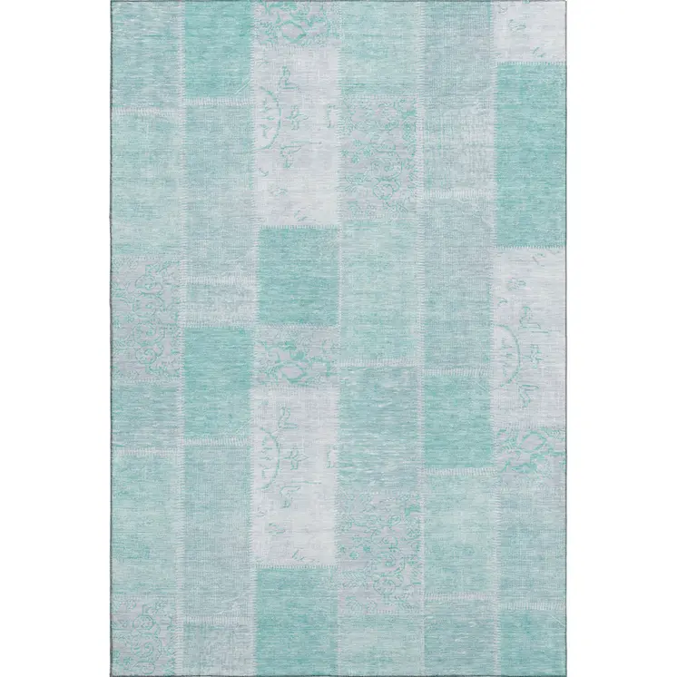 9' X 12' Aqua And Ivory Patchwork Washable Area Rug With UV Protection