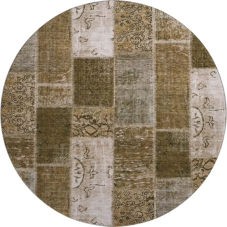 8' Brown And Ivory Patchwork Washable Round Rug With UV Protection