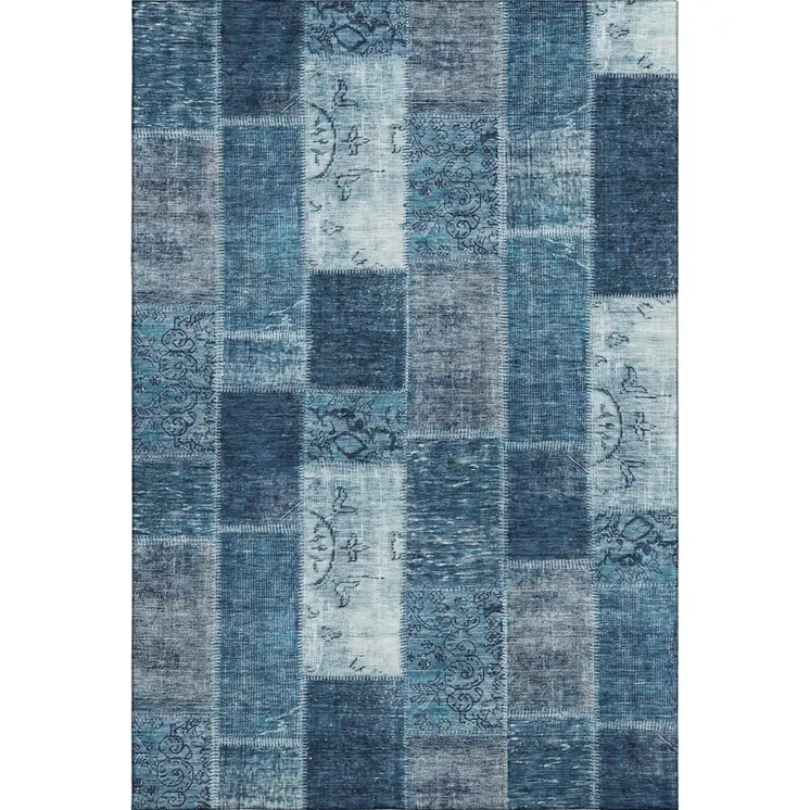 8' X 10' Blue And Ivory Patchwork Washable Area Rug With UV Protection