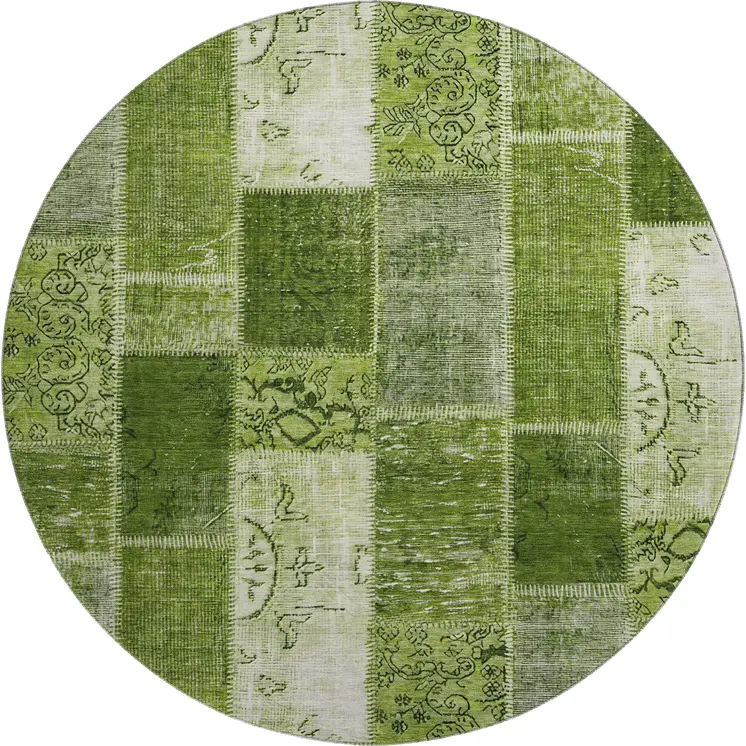 8' Olive Green And Ivory Patchwork Washable Round Rug With UV Protection