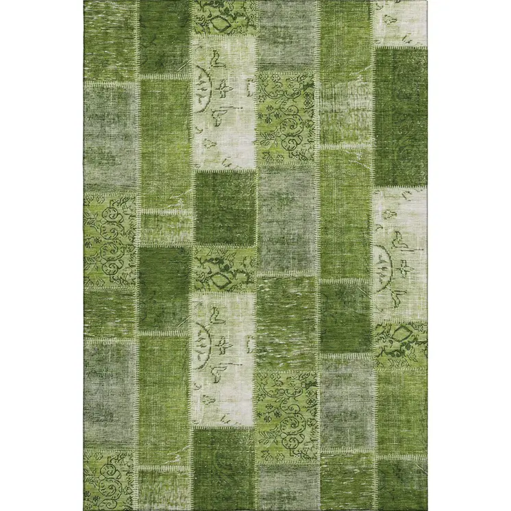 10' X 14' Olive Green And Ivory Patchwork Washable Area Rug With UV Protection