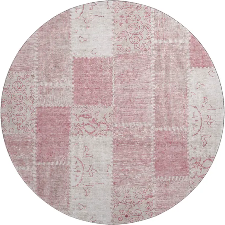 8' Pink And Ivory Patchwork Washable Round Rug With UV Protection