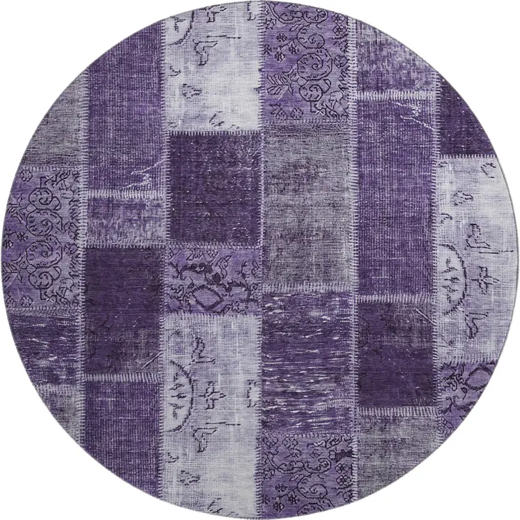 8' Purple And Ivory Patchwork Washable Round Rug With UV Protection