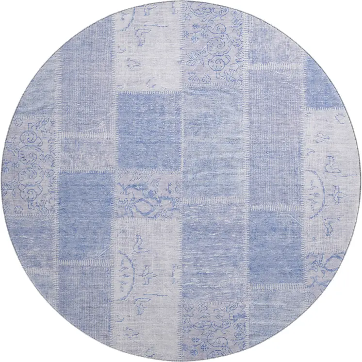 8' Sky Blue And Ivory Patchwork Washable Round Rug With UV Protection