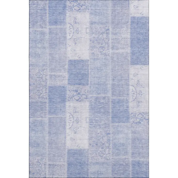 8' X 10' Sky Blue And Ivory Patchwork Washable Area Rug With UV Protection