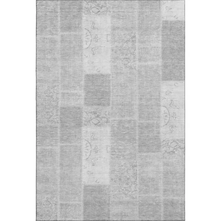 9' X 12' Silver And Ivory Patchwork Washable Area Rug With UV Protection