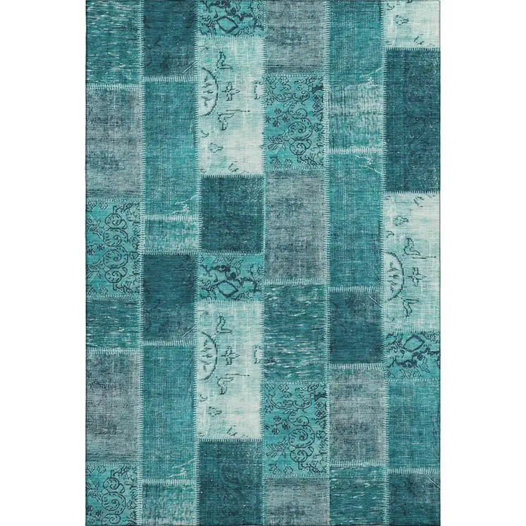 5' X 8' Teal And Ivory Patchwork Washable Area Rug With UV Protection